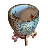 Chinese Gold and Blue Fishbowl Planter with Stand