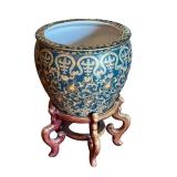 Chinese Gold and Blue Fishbowl Planter with Stand