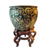 Chinese Gold and Blue Fishbowl Planter with Stand