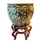 Chinese Gold and Blue Fishbowl Planter with Stand