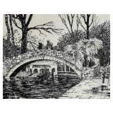 Framed Vintage 1982 A. Shemroske Black-and-White Etching Print San Antonio Riverwalk