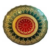 15.5 Inch Decorative Glass Centerpiece Bowl with Ornate Gold and Red Design