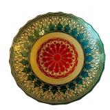 15.5 Inch Decorative Glass Centerpiece Bowl with Ornate Gold and Red Design