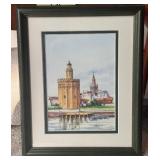 Framed Watercolor Painting of Spanish Landmark Signed by Artist