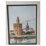 Framed Watercolor Painting of Spanish Landmark Signed by Artist