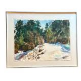 Framed Original Watercolor Entitled Cottage in Winter by Glansgold, 1977