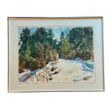 Framed Original Watercolor Entitled Cottage in Winter by Glansgold, 1977