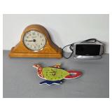 Mantel Clock, Sharp Alarm Clock, and Teapot Wall Clock Lot