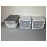 Lot of 2 Three-Drawer Storage Organizers and Stackable Plastic Storage Bins