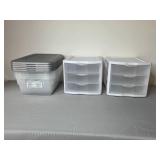 Lot of 2 Three-Drawer Storage Organizers and Stackable Plastic Storage Bins