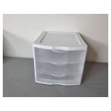 Lot of 2 Three-Drawer Storage Organizers and Stackable Plastic Storage Bins