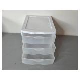 Lot of 2 Three-Drawer Storage Organizers and Stackable Plastic Storage Bins