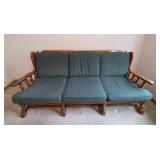 Vintage Ethan Allen Wood Frame Sofa with Green Cushions 80in Wide