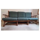 Vintage Ethan Allen Wood Frame Sofa with Green Cushions 80in Wide