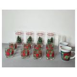 Holiday Glassware Set with Christmas Tree and Poinsettia Designs - Glasses, Tumblers, Mugs