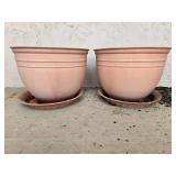 Pair of Large Terracotta-Style Plastic Plant Pots with Saucers
