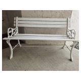White Metal and Wood Outdoor Bench, 48 Inch Wide