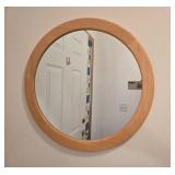 Round Wall Mirror with Light Wood Frame