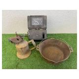 Cast Iron Deep Cauldron, Blow Torch & Time Clock Cast Iron Deep Cauldron, Blow Torch & Time Clock