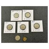 6 V Nickles & 1943 Mercury Dime 6 V Nickles & 1943 Mercury Dime
