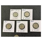6 V Nickles & 1943 Mercury Dime 6 V Nickles & 1943 Mercury Dime