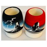 Pair of Vintage Navajo Desert Sunset Pottery Vases by Judy Bikhorse