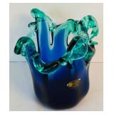 "White Cristal" Murano Vase in Green and Blue from Italy