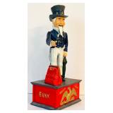 Vintage Cast Iron Uncle Sam Mechanical Bank, 11.5 Inch Reproduction