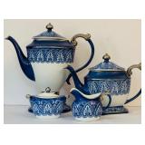 Vintage Blue Bombay Tile Coffee Pot Teapot Sugar and Creamer Set /  5-Piece Bombay Made In China Ironstone Set Cobalt Blue