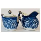 Vintage Blue Bombay Tile Coffee Pot Teapot Sugar and Creamer Set /  5-Piece Bombay Made In China Ironstone Set Cobalt Blue