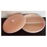 Russel Wright Iroquois Casual China Pink Sherbet Divided Dish with Knob Lid.