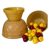 Grouping of Vintage Pottery Mixing Bowls and Faux Fruit