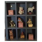 Wooden House Shaped Shelves with Multiple Miniatures including Blocks, Bears, Raggedy Ann & Andy and More!