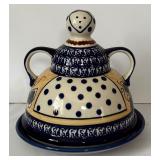Vintage Boleslawiec Polish Pottery Grapes Cheese Lady with Cobalt Trim