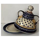 Vintage Boleslawiec Polish Pottery Grapes Cheese Lady with Cobalt Trim