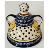 Vintage Boleslawiec Polish Pottery Grapes Cheese Lady with Cobalt Trim