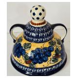 Vintage Boleslawiec Polish Pottery Grapes Cheese Lady with Cobalt Trim