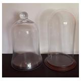 Two Large Glass Dome Cloche Wooden Base Displays