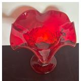 Vintage Viking Ruby Red Ruffled Georgian Glass Compote Dish