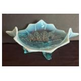 Gorgeous Vintage Northwood Blue Opalescent Leaf and Bead Tri-Corner Bowl