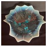 Gorgeous Vintage Northwood Blue Opalescent Leaf and Bead Tri-Corner Bowl