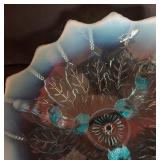 Gorgeous Vintage Northwood Blue Opalescent Leaf and Bead Tri-Corner Bowl