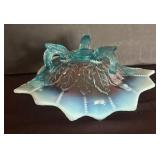 Gorgeous Vintage Northwood Blue Opalescent Leaf and Bead Tri-Corner Bowl