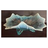 Gorgeous Vintage Northwood Blue Opalescent Leaf and Bead Tri-Corner Bowl