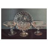 Fostoria Colony Swirl Pedestal Plate, Fostoria American Cubist Compote, Fostoria Century Compote and Imperial Candlewick Compote