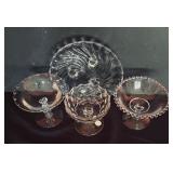 Fostoria Colony Swirl Pedestal Plate, Fostoria American Cubist Compote, Fostoria Century Compote and Imperial Candlewick Compote