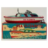Great Find with Box! "Sea Elizabeth" Tin Litho Wind-Up Toay / Japan Tin Boat No.1306