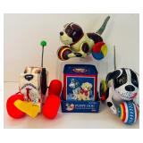 Vintage Wind-Up Toys Including Fisher-Price Little Snoopy Model #693, Schylling Collector Series Dog & Ball Tim Toy and Puppy Dog Musical Hack-in-the Box by Schylling