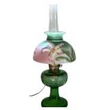 Vintage 20-Inch Green Glass Table Lamp with Floral Shade