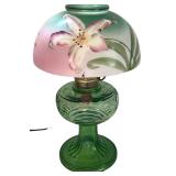 Vintage 20-Inch Green Glass Table Lamp with Floral Shade